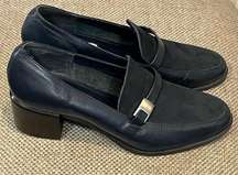WESLEY & CO Navy Blue Heeled Leather Loafers with Buckle-8