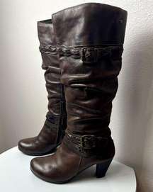Pikolinos Verona Tall Boots Brown Leather Braided Buckle Strap Heels 38 US 7.5