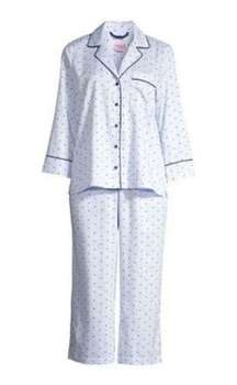 Kate Spade WHITE/BLUE Stripe mini Heart Cropped Pajama Set- L NAVY TRIM