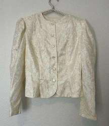 Gunne Sax Ivory Button Front Floral Lace Puff Sleeve Blazer Vintage *TINY FLAW