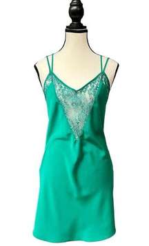 Vintage Victoria's Secret Emerald Green Satin Slip Dress with Lace Trim