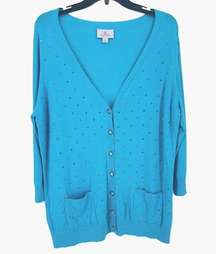 Quacker Factory Rhinestone Cardigan Sweater Womens Size Large Blue