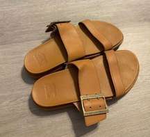 Sorel Womens Sz 6.5 Roaming Buckle Slide Camel Brown Leather Slip On Sandal