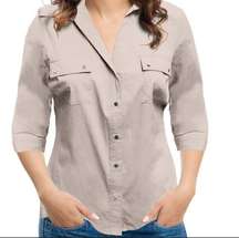 4/$25 BUNDLE SALE ZAC & RACHEL PETITE TUSCAN SAND V NECK 3/4 SLEEVE BUTTON DOWN