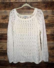 LOFT Womens Size XL Crochet Open Knit Cream Sweater Light Airy Eyelit Scoop Neck