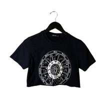 Zodiac Signs T Shirt Womens Black Small S Crop Top Raw Hem Constellation Cotton