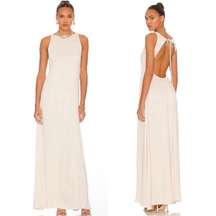 L'Academie Acton Maxi Dress, Open Back Tie Neck, Ivory Satin Size S, New w/Tag