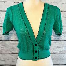 ZINC Cardigan Short Sleeve Button Front Open Weave Green/Black-Medium