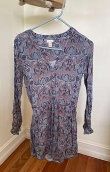 Long Sleeve Paisley Pocketed Draw String Dress