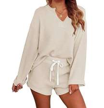 MEROKEETY Women's Long Sleeve Pajama Set Henley Knit Tops and Shorts
