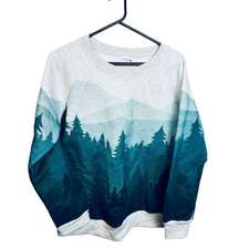 LA SOUL Womens Misty Mountains Sweatshirt, Mountain Forest Print Crewneck, Sz L