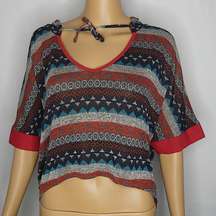 Toska Boho Hooded Crop Sweater Top 1/2 Sleeve Hood Hoodie Ties Striped Large