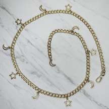 Moon and Star Charm Gold Tone Metal Chain Link Belt OS One Size