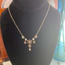 Vintage Sterling Plated Flower Necklace Womens 16in Faux Rhinestones Ethereal