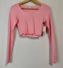 . Women’s Scoop Neck Waffle Knit Cropped Henley Long Sleeve Pink Candy NWT