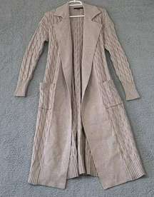 Women's Medium Long Open Cable Knit Belted Shrug Cardigan Sweater Pockets