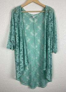 LuLaRoe Womens Boho Kimono Size Medium Green Floral Lace Sheer Western Frilly