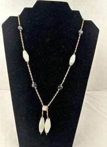 Vintage Semi Precious White Agate Onyx Beaded Brass Chain Lariat Necklace