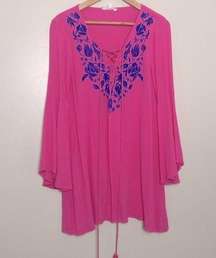 Peach Love California Swim Coverup Tie Front Bell Sleeve Pink and Blue Dress