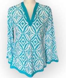 💜  Tracy Negoshian Teal Long Sleeve V-Neck Cotton Tunic