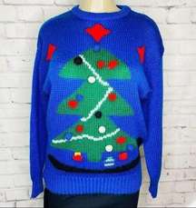 Vintage blue and green Christmas tree knit sweater