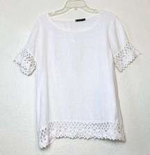 Lungo L’arno White Linen Lace Trim Hem Short Sleeve Blouse