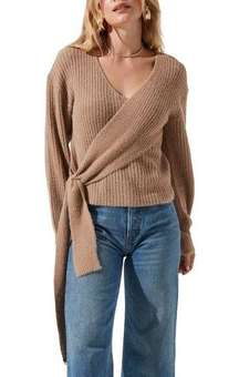 ASTR The Label Ribbed Wrap Front Brown Sweater