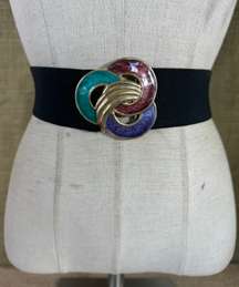 Vintage Women’s 1980’s Wide Stretch Belt With Enameled Buckle S-M28-34 In