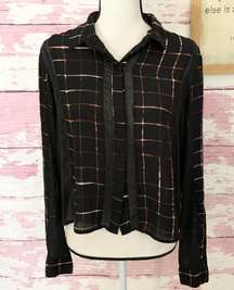 Women’s Plaid Sheer Window Panels Collared Button Down Chiffon Blouse in a size Medium