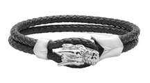 Steeltime  Dragon Double Row Braided Leather Bracelet  Black Silver  Unisex