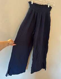 Navy Blue Wide Leg Waffle Knit Linen Pants 