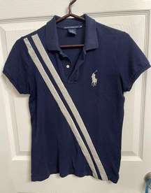 Vintage Women’s Ralph Lauren Golf Polo Shirt Navy Blue Big Pony Silver Stripes