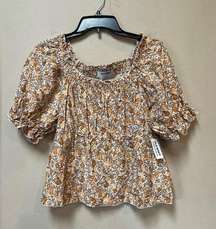 Old Navy Women’s Puff-Sleeve Square-Neck Orange Floral Babydoll Blouse Medium