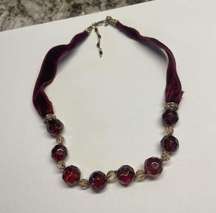 Signed Monet Necklace Gold Tone Maroon Glass Bead / Ribbon - Beaded