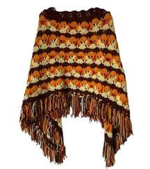 Vintage 70s Style Hand Knit Poncho With Fringe Stripes Orange Brown Cream