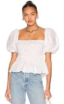 NWT ASTR The Label Savina White Bubble Puff Sleeve Smocked Bodice Cotton Top L