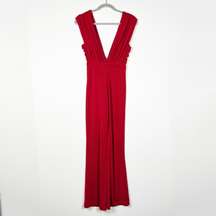 Misha Collection Stretch Knit Ruched Pleated Deep V Neck Sleeveless Jumpsuit Red