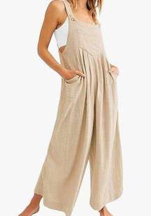 Casual Loose Wide Leg Flowy Pleated Tank Cotton Overalls Pockets XL