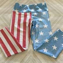 Goldsheep Women’s High Waisted Flag - Red White Blue and Stars Cropped Leggings