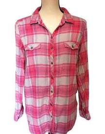 C&C California Womens Top Size Small Flannel Button-Up Hi-Lo Plaid Pink