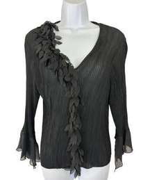 JAIPUR Womens SZ L Sheer Autumn Petal Scrunch Long Sleeve Pleated Blouse Black