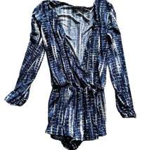 VINTAGE HAVANA BLUE WHITE LONG SLEEVE SURPLICE VNECK STRETCHY PRINT LINED ROMPER