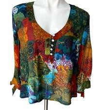 Coldwater Creek Boho Multi Color Silk V-Neck Blouse, Sz L