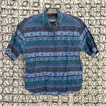 Vintage blue indigo purple Aztec Southwestern stripe short sleeve button shirt