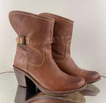 Congac Brown Leather Carmen Shortie Ankle Buckle Stacked Heel Cowboy Boots