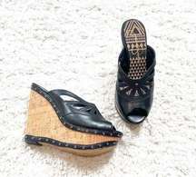 Jessica Simpson Kayla Platform Wedge Sandals Open Toe Black Leather 9.5 Slip On
