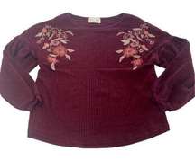 Jun & Ivy Shirt Womens XX Small Maroon Red Floral Embroidered Long Sleeve Knit