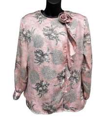 VTG 90s Floral Satin Button Up Blouse Flower Blossom Detail Pink Women’s 12