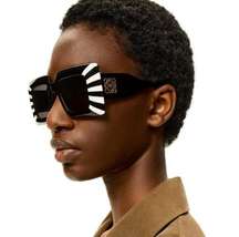 Loewe Women's Black White Anagram Stripe Square Sunglasses Oversized Gold Logo