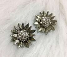 Silver tone & rhinestone floral earrings, sunflower aster daisy flower jewelry